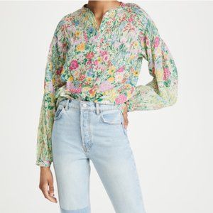 Banjanan Green Ella Floral Balloon Sleeve Cotton Blouse Womens Small